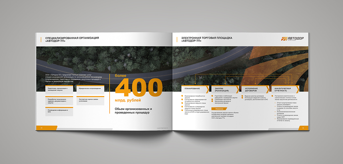 разворот печатной версии презентации для государственной компании Автодор с описанием подразделения Автодор-ТП